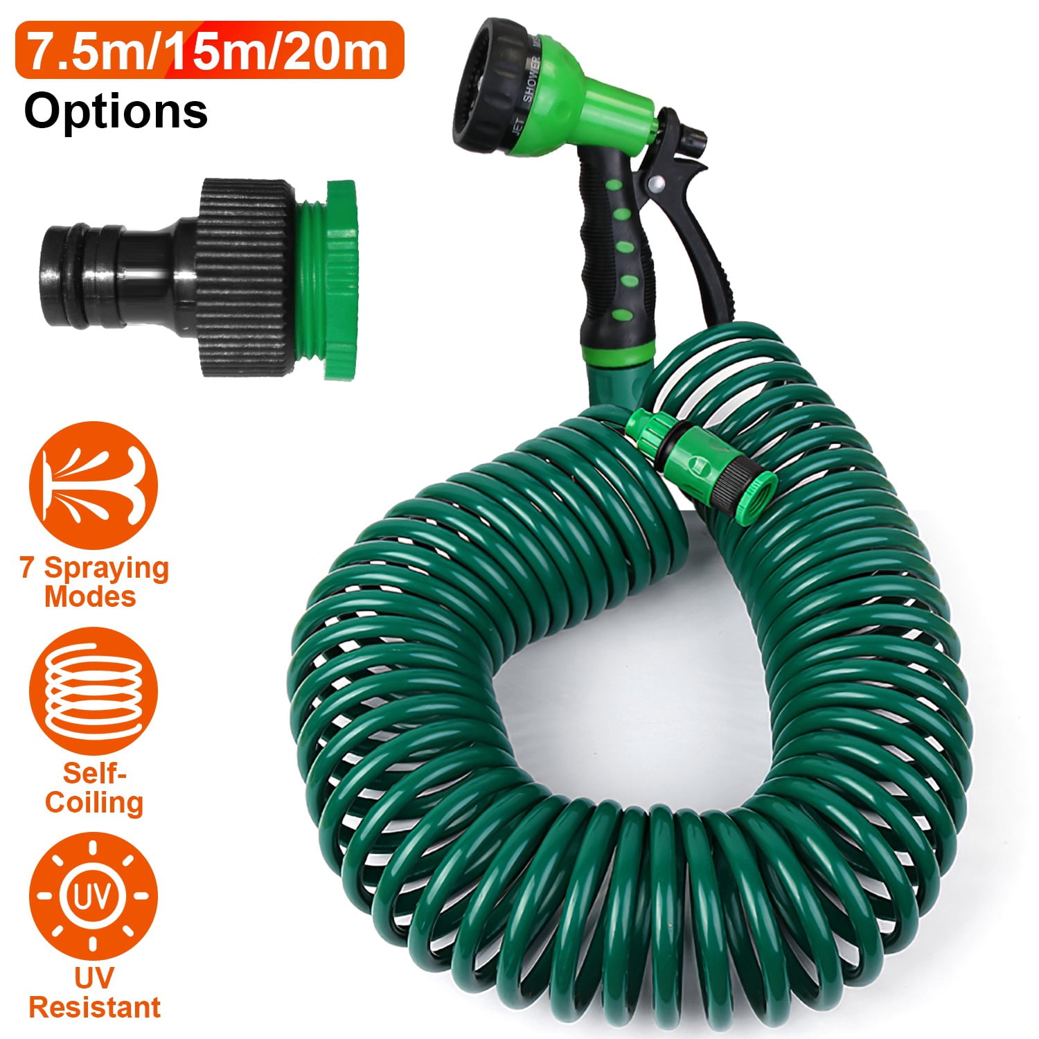 EVA Recoil Garden Hose with 3/4” & 1/2” Adapters and 7 Spray Modes for Garden, Patio, and Yard