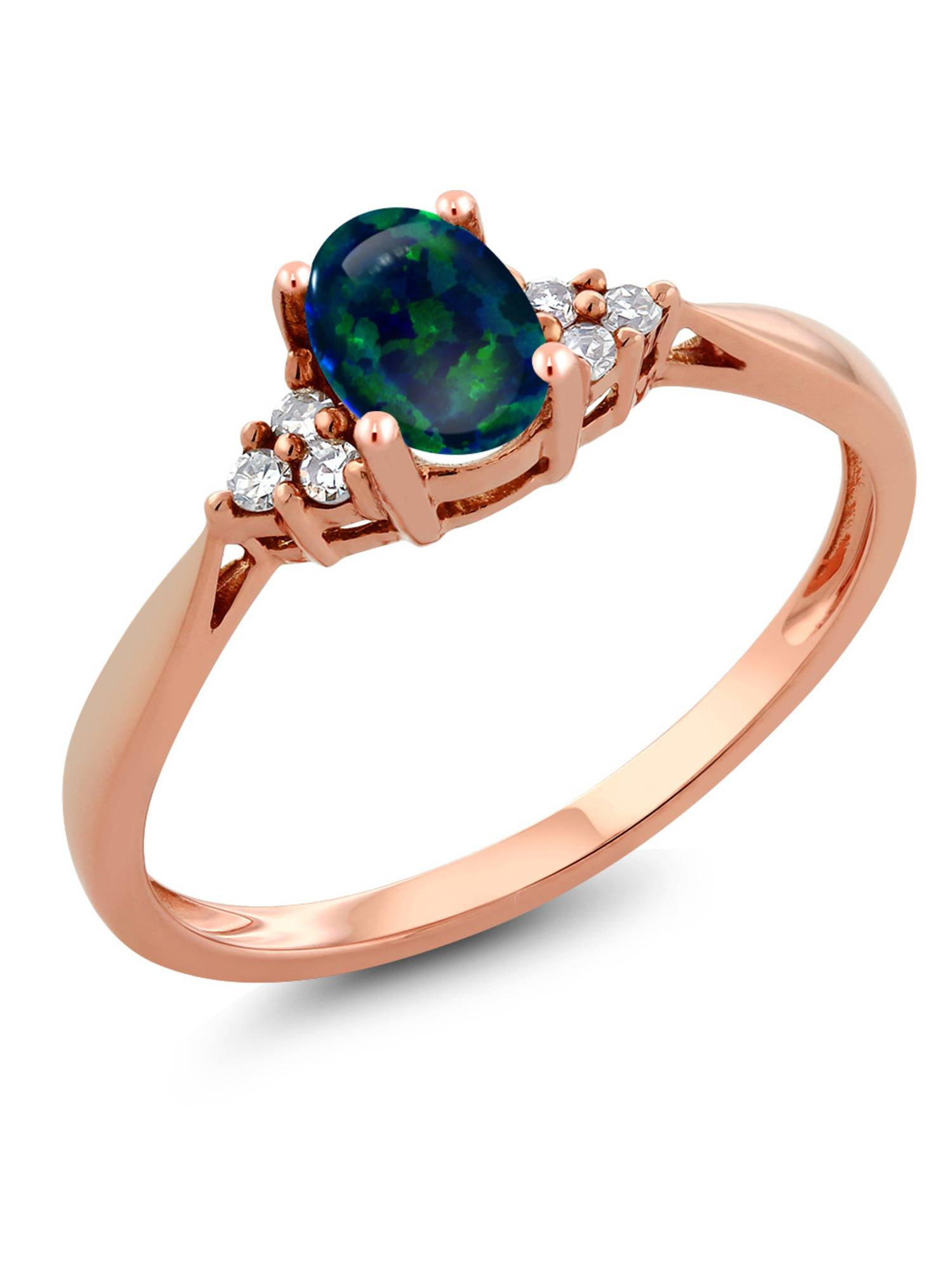 0.50 Ct Oval Cabochon Green Simulated Opal and Diamond 14K Rose Gold Ring by