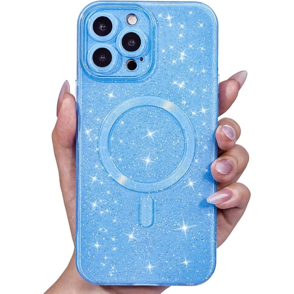 BDKWID-Glitter Case for iPhone 12 Pro Max Phone Case Magnetic Compatible with Magsafe, Sparkle Bling Shiny Sparkly Cute Girly Design, Trendy Aesthetic Hard Mag Cover for Women Girls, Light Blue