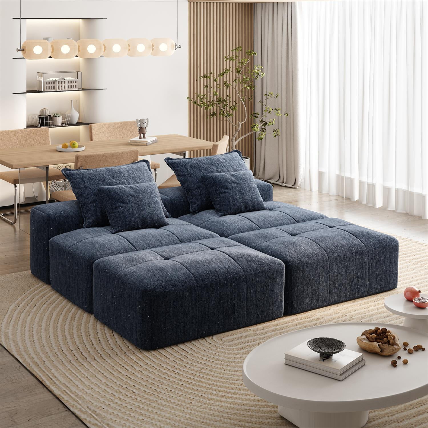 Demi Bonn 141" Modular Oversized Sectional Sofa Set with 2 Ottomans, 2-Seater, 4 Soft Pillows, Modern DIY Tufted Couch, No Assembly Required, for Living Room, Blue