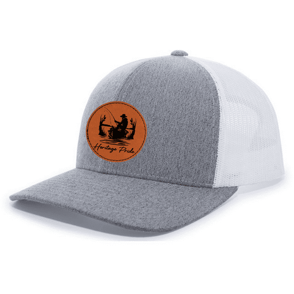 Heritage Pride Mens Man Bass Fishing Alone Leather Patch Mesh Back Trucker Hat-Heather Grey/White
