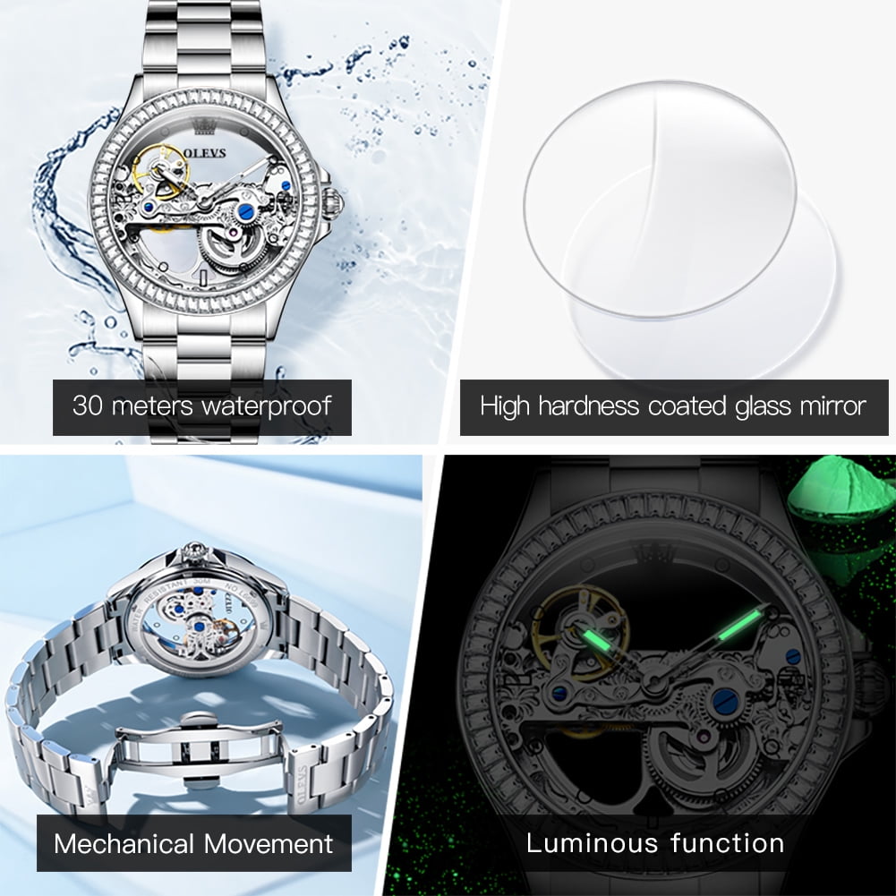 OLEVS Automatic Watches for Womens Mechanical Diamond Skeleton Self Winding Stainless Steel Luxury Dress Waterproof Luminous Ladies Watches Womens Wrist Watches Gift Reloj Para Mujer