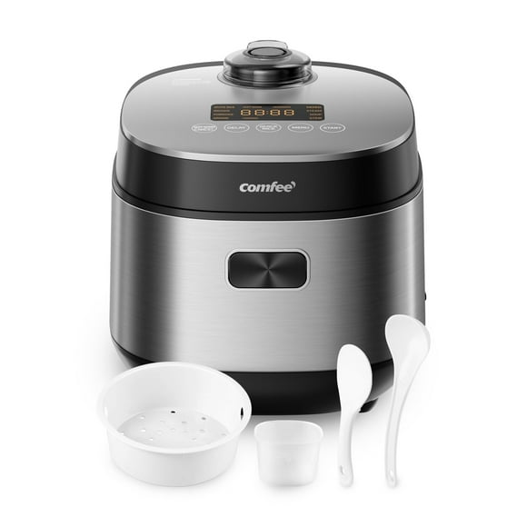 COMFEE' Compact Rice Cooker 8 Cups Cooked/4 Cups Uncooked, 9-in-1 Multi Cooker, Fast Rice Maker, Steam, Brown Rice, Grains, Fuzzy Logic Technology, Grey