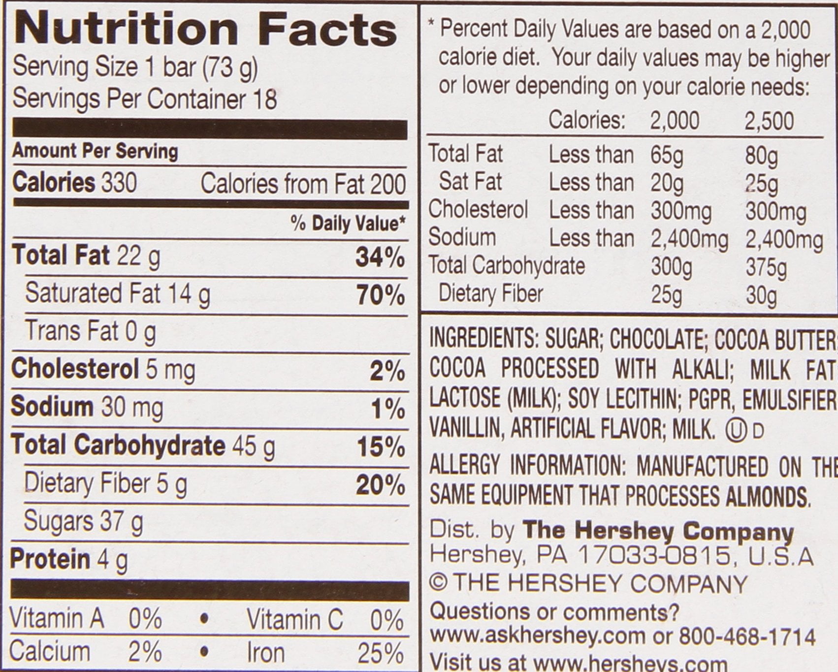 Hershey Foods Hersheys Special Dark Chocolate Bars, 18 ea