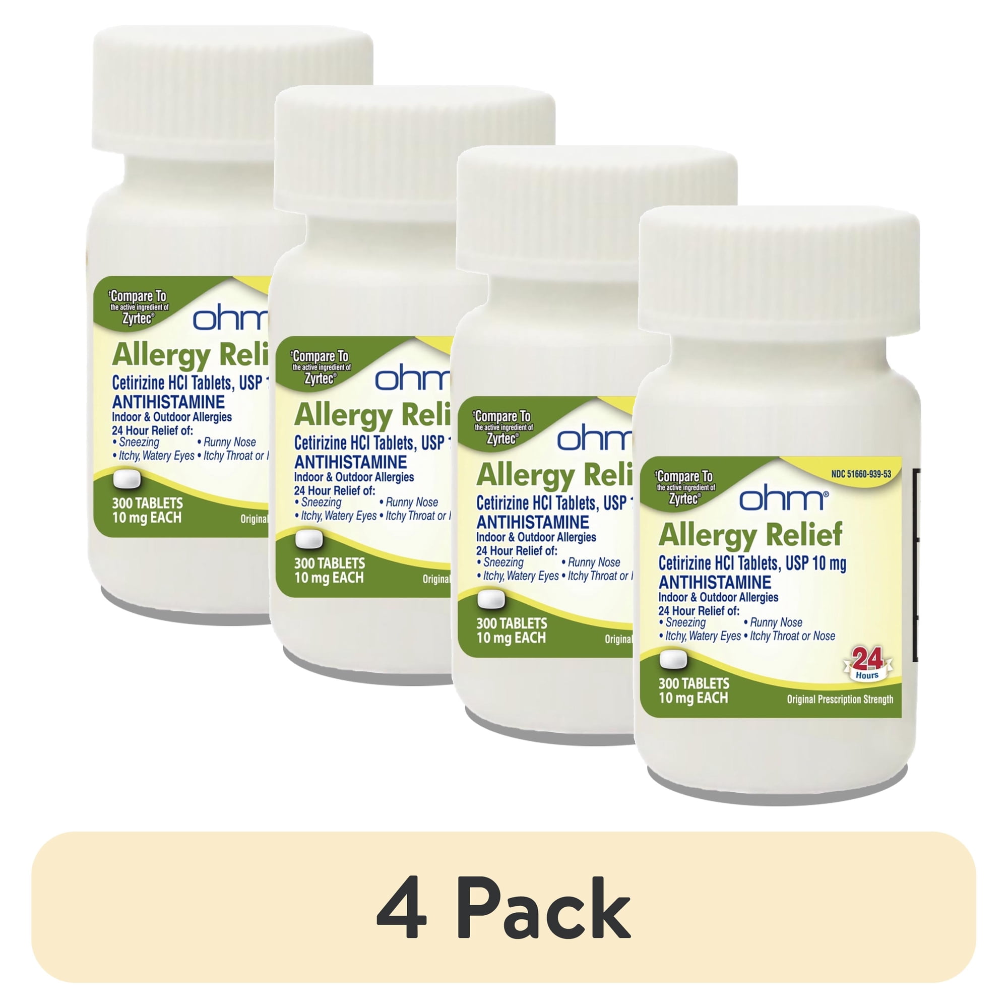 (4 pack) Ohm 24-Hour Antihistamine Cetirizine HCl 10 mg Tablets, 300 Count – All-Day Allergy Relief for Itchy Eyes, Runny Nose, Hay Fever, Pollen, and Indoor & Outdoor Allergies