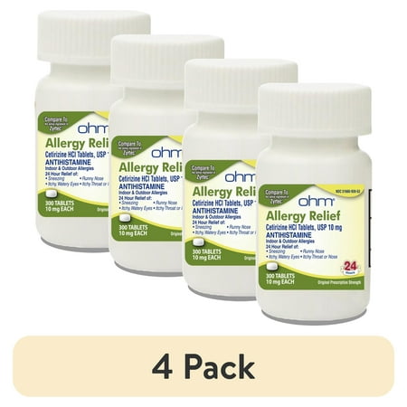 (4 pack) Ohm 24-Hour Antihistamine Cetirizine HCl 10 mg Tablets, 300 Count – All-Day Allergy Relief for Itchy Eyes, Runny Nose, Hay Fever, Pollen, and Indoor & Outdoor Allergies