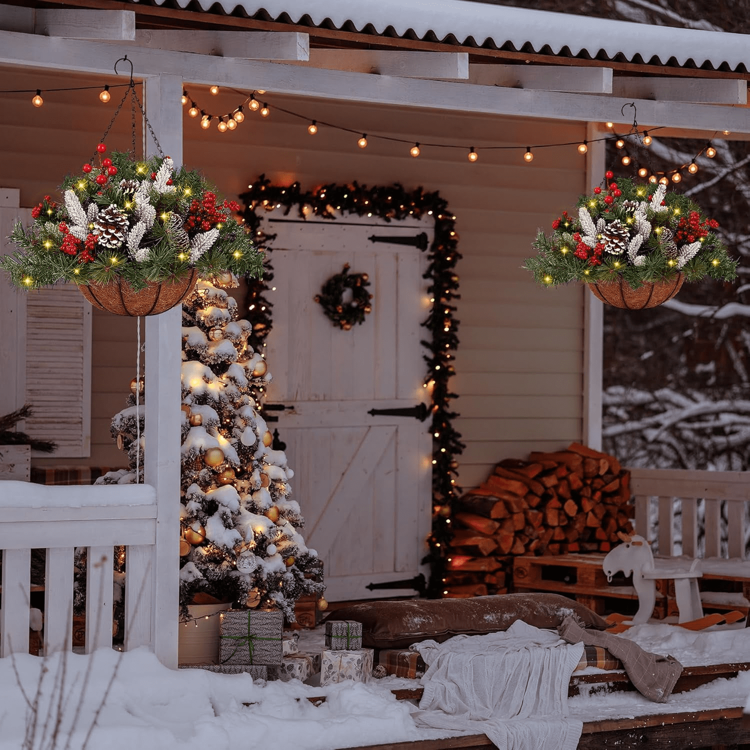 Artificial Christmas Hanging Basket with LED String Lights Christmas Hanging Plant Basket Artificial Flowers with Frosted Pine Needles Pinecones Red Berries Fake Plants Faux Decor for Xmas Decor
