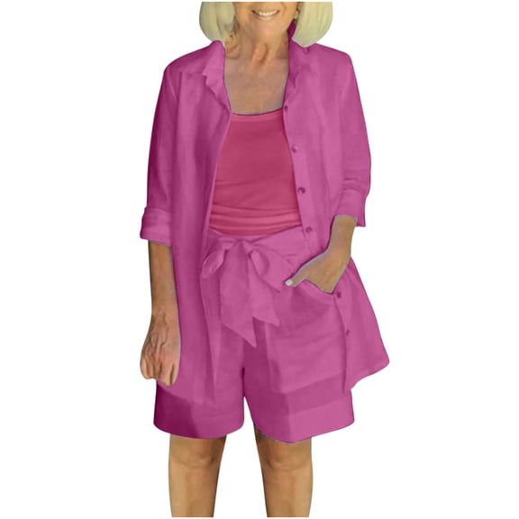 Elainilye Fashion Pajama Sets For Women Solid Long Sleeve Shirt And Sleeveless Camisole Tops And Shorts Pants Set Three Piece Set,Pink