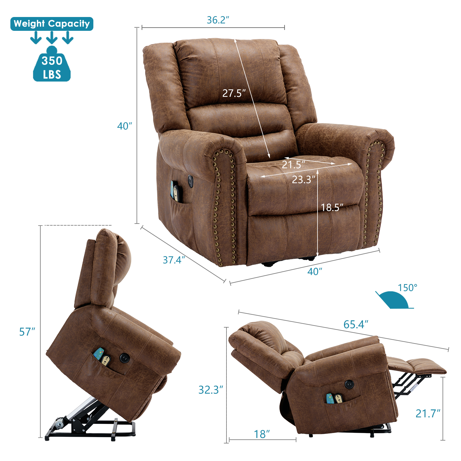 OUINCH Electric Power Lift Recliner Chair with Massage and Heat for Elderly, 2 Remote Controls, 2 Side Pockets, and USB Ports (Brown)