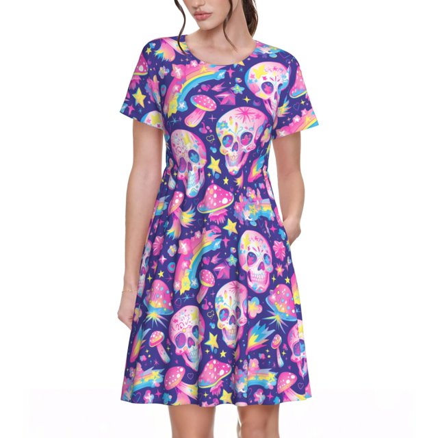 Bixox Robe d'Été à Manches Courtes pour Femmes Robe Ample Longueur Genou avec Poches-Culotte Arc-en-Ciel Champignon Coloré