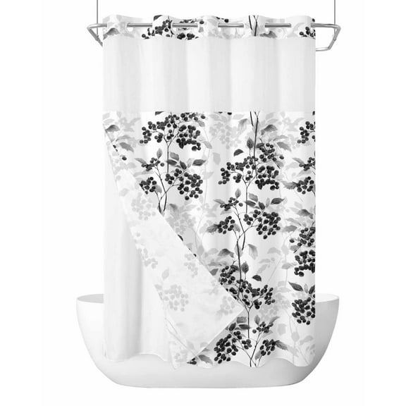 No Hook Cloth Fabric Shower Curtain with Snap in Liner, Black Gray Fruit Waterproof Shower Curtains Set with See Through Top Window, Vintage Plant Nature Botanical Flower Bath Curtains Shower 36"x78"
