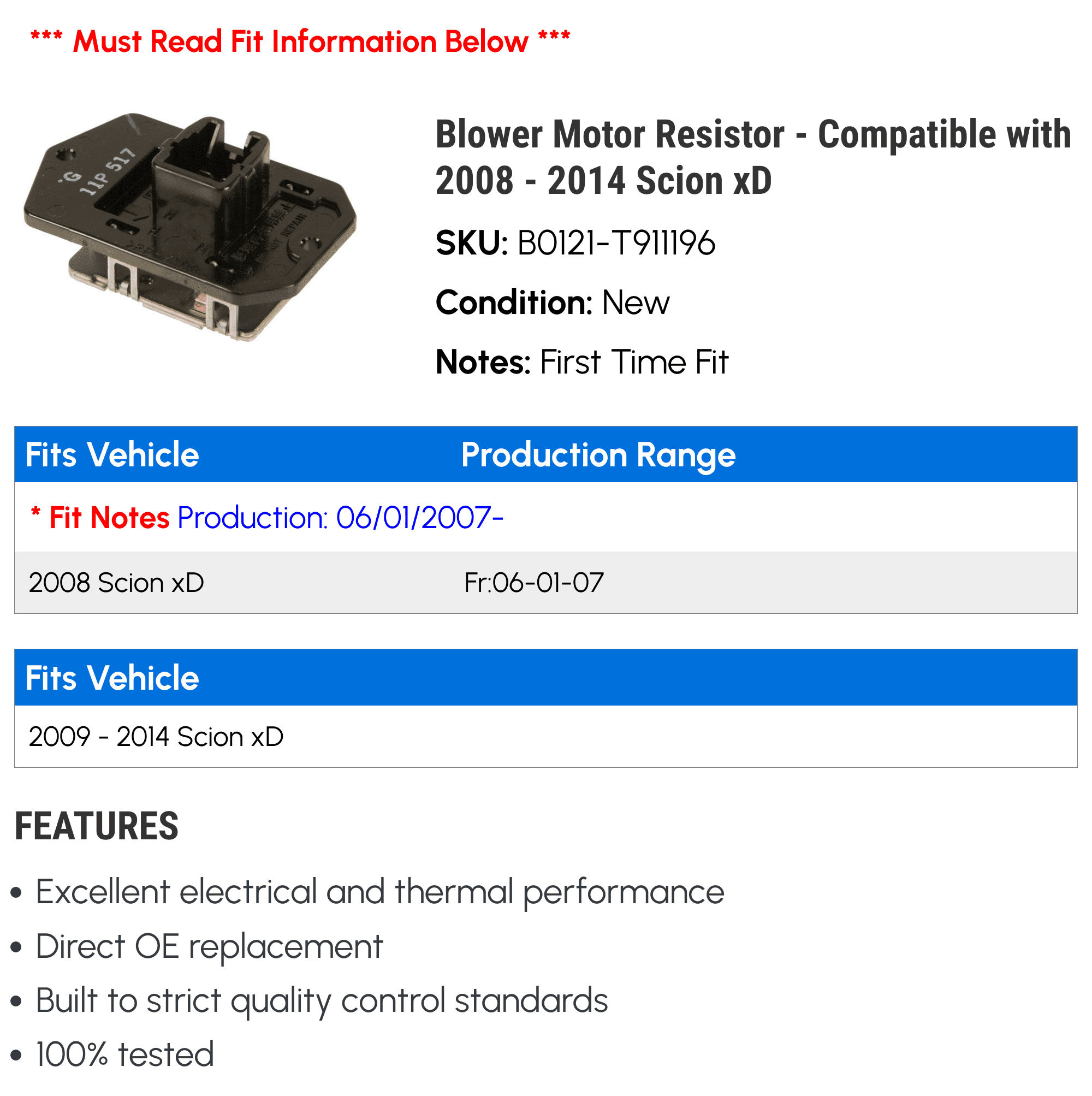 Blower Motor Resistor - Compatible with 2008 - 2014 Scion xD 2009 2010 2011 2012 2013