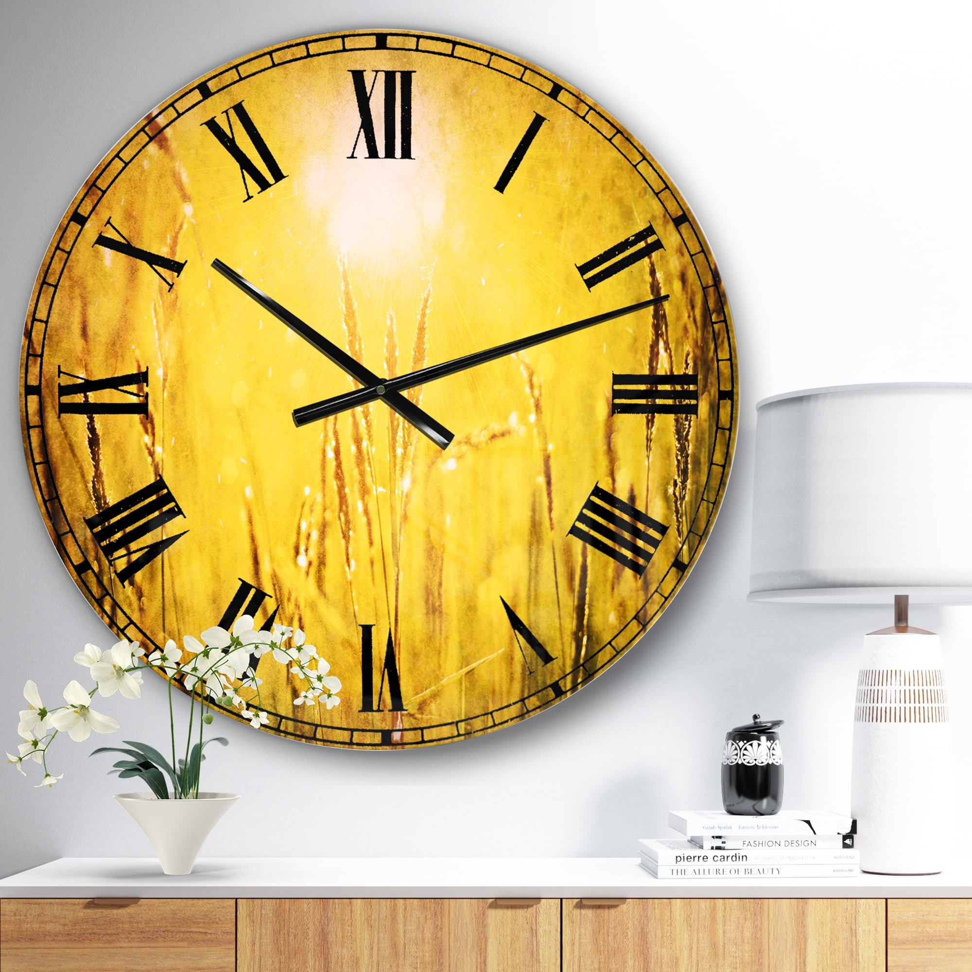 Designart 'Yellow Grass Flower at Sunset' Traditional wall clock
