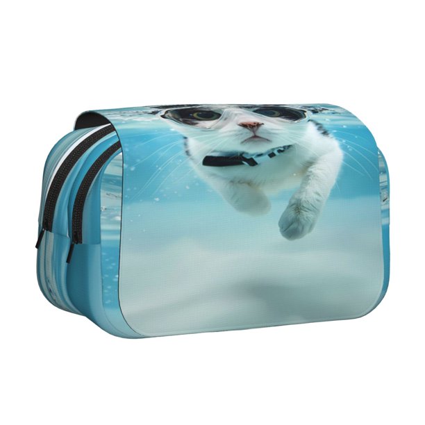 Disketp Swimming Cat Goggles Estuche de Lápices de Doble Capa con Tapa Abatible y Cremallera, Organizador Escolar para Adolescentes y Adultos