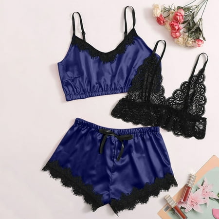 

Egmy Women V-Neck Eyelash Lace Sexy Stain Camisole Pajamas Bowknot Shorts Set
