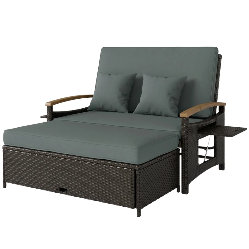 4-in-1 Rattan Outdoor Daybed with 4-Level Adjustable Backrest, Storage Ottoman and Side Tables