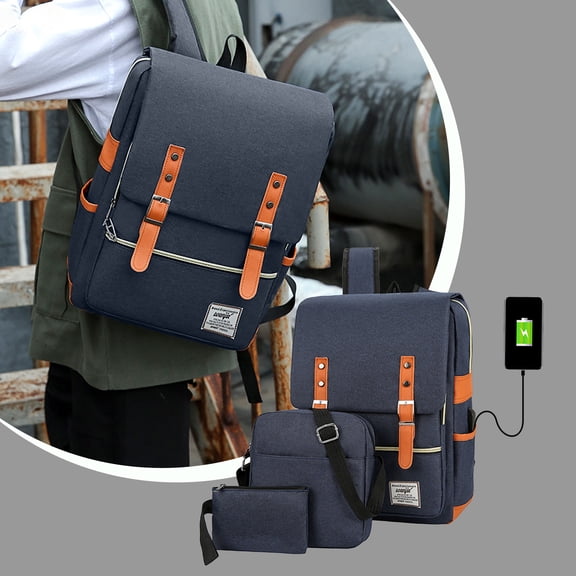 3 Piece Vintage Laptop Backpack with Usb Charging Port, Elegant Water Resistant Travelling Casual Daypacks College Shoulder Bag for Men Women, Tear Resistant, Fits Up To 17Inch Laptop In Blue