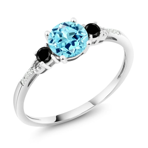 Gem Stone King 10K White Gold Blue Apatite Black Diamond and White Diamond Accent 3-Stone Engagement Ring for Women (0.99 Cttw, Round 6MM, Gemstone Birthstone, Size 9)