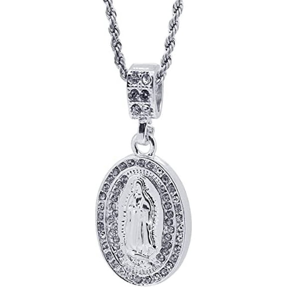 Hip Hop Bling Silver Tone Guadalupe Virgin Mary Pendant 24" Rope Chain #1027