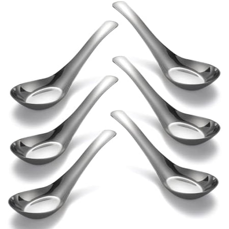 Soup Spoons Stainless Steel Dinner Spoons Set of 6 Chinese Soup Spoon Mirror Polished Asian Soup Spoons for Bouillon Dessert Cereal Thai Miso Ramen 6,Large