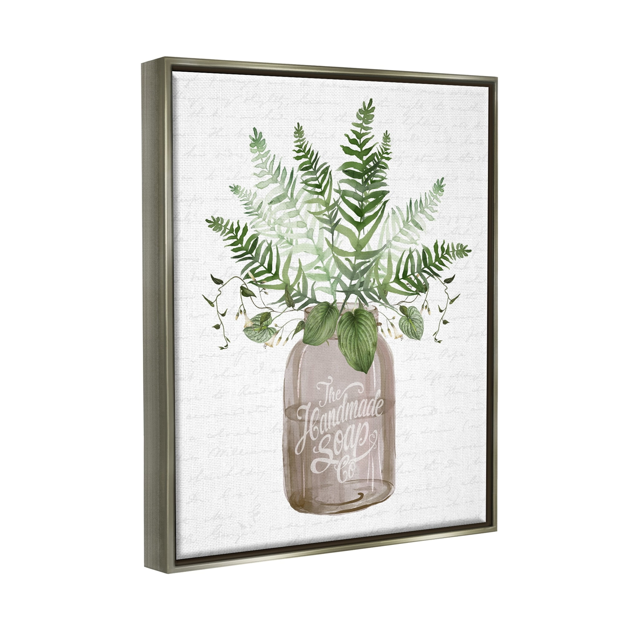 Stupell Industries Mixed Green Leaves Botanical Bouquet Jar Cursive Graphic Art Luster Gray Floating Framed Canvas Print Wall Art, Design by Lettered and Lined