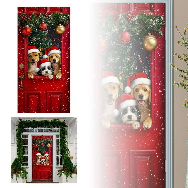 cortina para puerta navideña cubierta para puerta navideña tapiz decorativo cortina para puerta de fiesta tapiz para puerta decoración para fiesta navideña multicolor según especificaciones, vista frontal centrada de una cortina que cubre una puerta roja con guirnalda verde en el marco superior, adornos dorados y rojos, efecto de nieve impresa y un rectángulo con perros con gorros de Santa; material indicado como poliéster en las especificaciones, plegable y ligera, adecuada para decoración de fiesta en entradas y sesiones fotográficas.