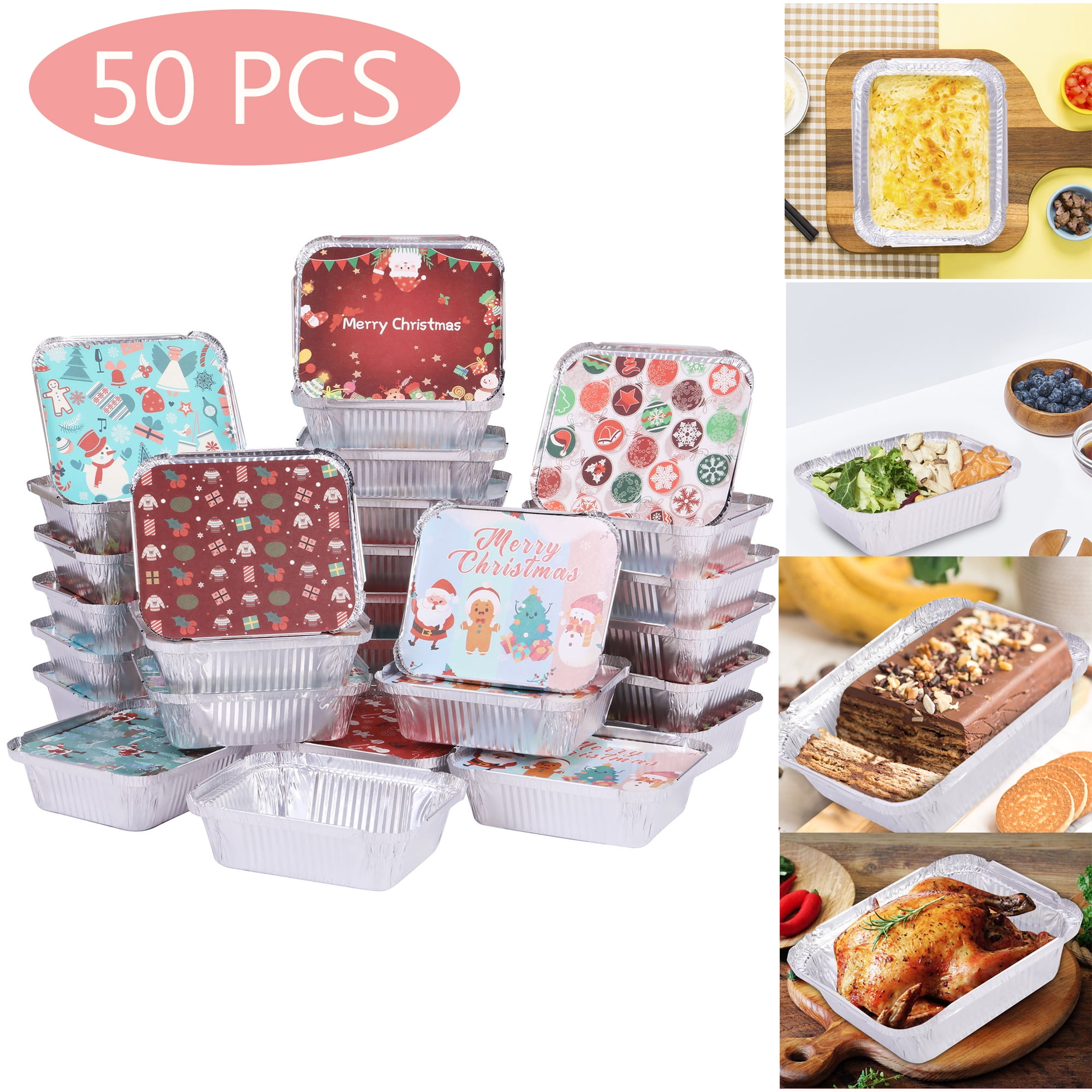 JOYIN 36 Pieces Christmas Foil Containers with Lids, 9 Holiday Designs,  5x4x1.5 Rectangular Treat Foil Containers, Disposable Food Storage Pan  for