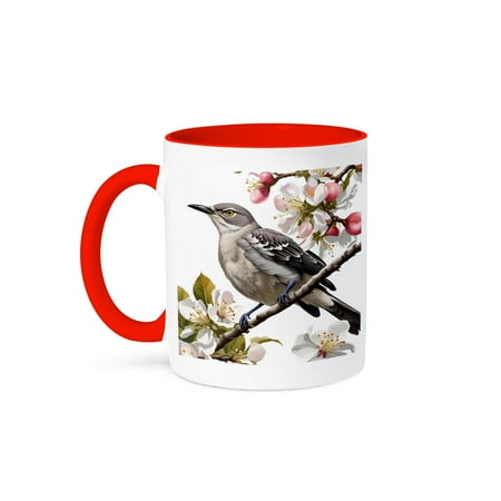 

3dRose Arkansas Northern Mockingbird Surrounded by Apple Blossom 11oz Two-Tone Red Mug
