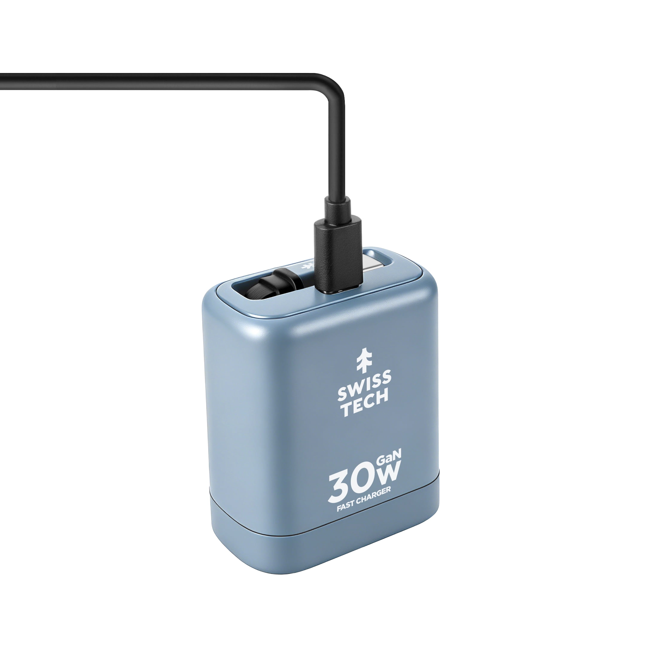 Swiss Tech Mussen 30W USB-C Wall Charger with Retractable Cable, Fast PD Charging, Cresta Blue