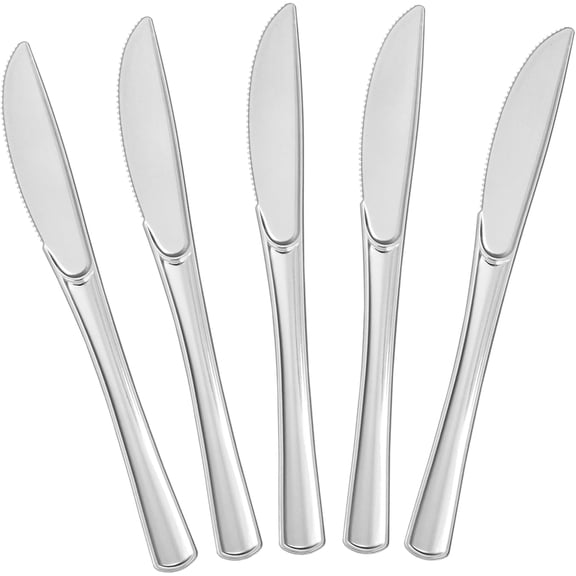 100 Count Silver Plastic Knives, Solid and Durable Plastic Knives Disposable, Heavy Duty Look Like Real Cutlery, Utensils Perfect for Parties, Weddings, Christmas, Special Occasions