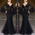 thumbnail image 3 of Quixlent Women Evening Dress V Neck See-through Lace Embroidery Flared Sleeves Ball Gown A-line Fishtail Hem Slim Fit Cocktail Party Prom Banquet Maxi Dress, 3 of 8
