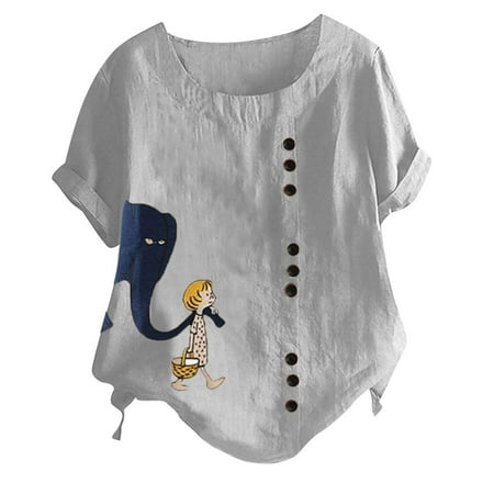 

Summer Tops for Women Women s Fashion Summer Round Neck Leisure Short Sleeve Printed Buttons Tops Button T-shirts Workout Tshirts Shirts for Women Gray XXL