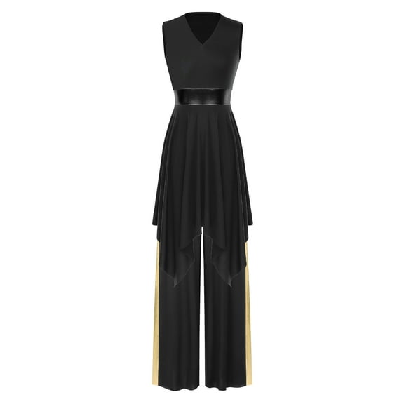 YiZYiF Women 2 Piece Praise Dance Outfits Sleeveless Color Block Asymmetric Overlay Dress with Pants Black L