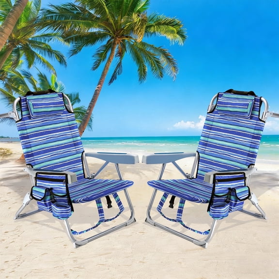 GVDV Backpack Beach Chair Set of 2, Portable Folding Beach Chair with Cup Holder and Towel Bars, 4-Position Adjustable Reclining Chair for Beach, Camp, Outdoor