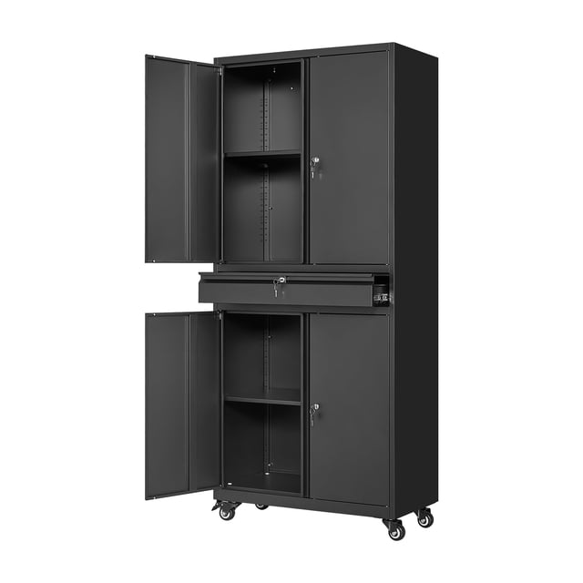STANI Armoires de Rangement de Garage en Métal avec Tiroir, Armoire Roulante à Verrouillage d'Outils avec 2 Tablettes Ajustables pour Garage, Salle Utilitaire, Bureau à Domicile (Noir, 4 Roues-72 H)