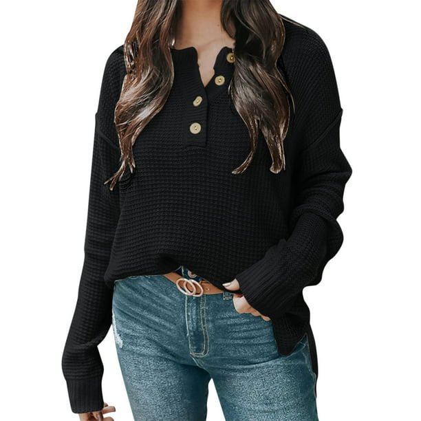 Gibobby Sueter cuello v Sueter de Mujer de Moda Elegantes de Manga Larga Cuello V Sueter para Mujer Negro XG Bodega Aurrera en linea