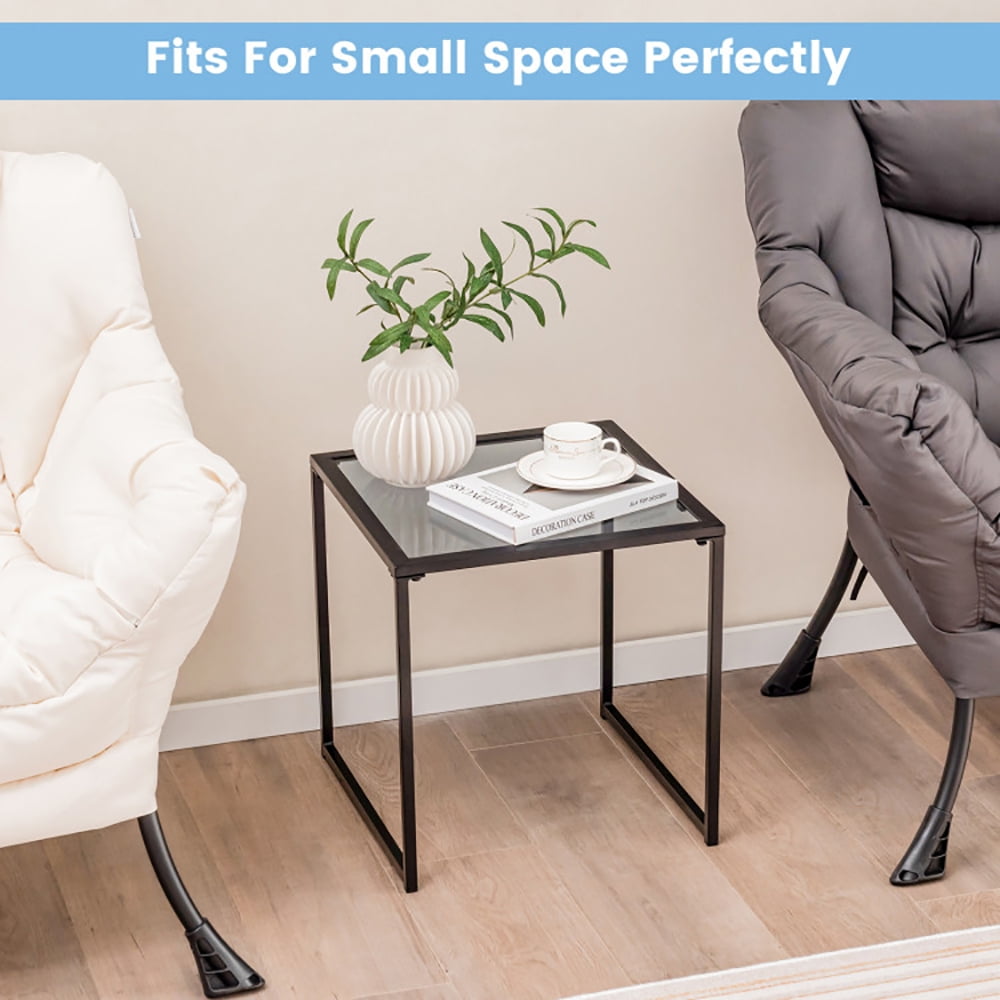 Finihen Side Table, Glass Side Table, Tempered Glass Side Table with Metal Frame, for Indoor and Outdoor, Black