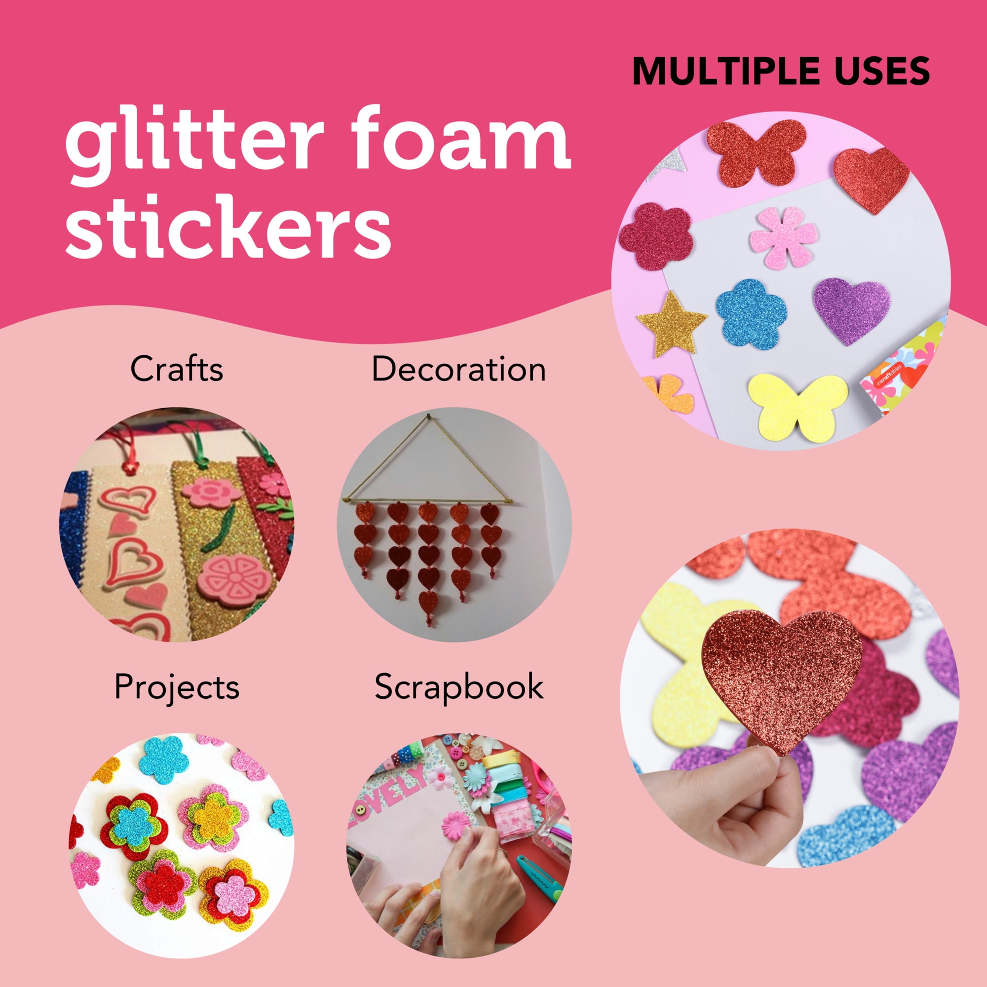 Incraftables Glitter Foam Stickers for Kids Self Adhesive 100pcs (Flower, Heart, Star and Butterfly), Multicolor