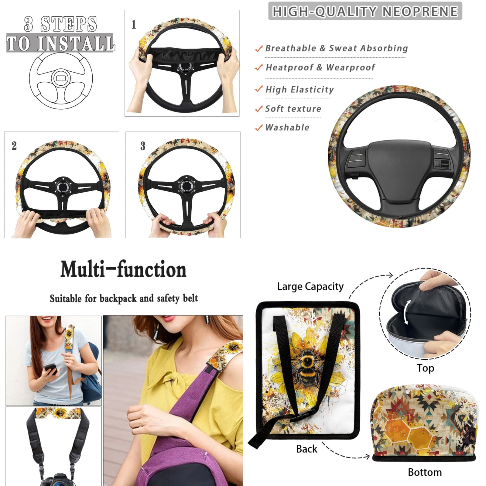 Yuyamidu Bee Car Seat Cover 15 PCS Sunflower Auto Front Back Seat Cover with Steering Wheel Cover Seat Belt Pads Trash Bin Auto Storage Organizer Rearview Mirror Cover Cup Holder Wrist Key Chain
