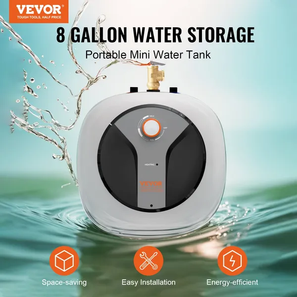 Electric Mini Tank Water Heater 8 Gallon 1440W Hot Water Boiler Storage Safety Temperature Pressure Valve Easy Install for Kitchen Bathroom Restaurant Shelf Wall Floor Mounted
