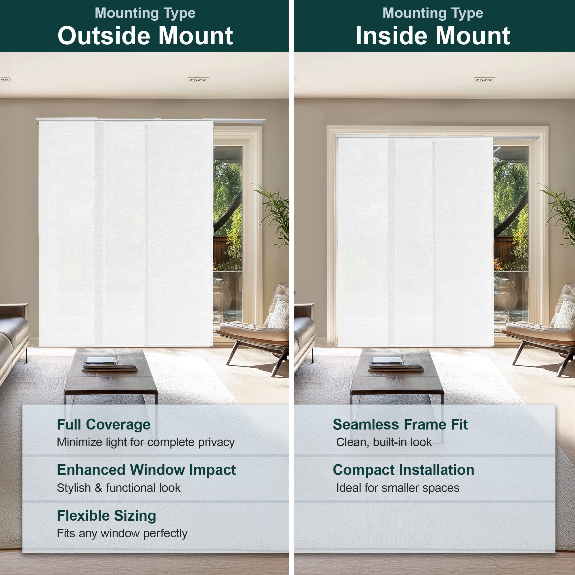 Chicology Adjustable Sliding Panel Blinds. Porcelain, 46"-86"W X 0"-96"H