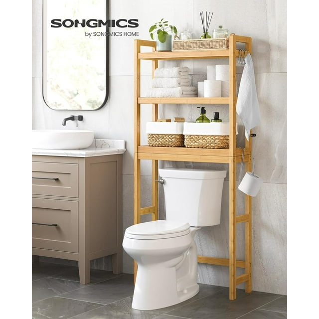 SONGMICS Mueble para Inodoro, Estante sobre Inodoro, Estantería de 3 Niveles, Estante Ajustable, Verde Bosque