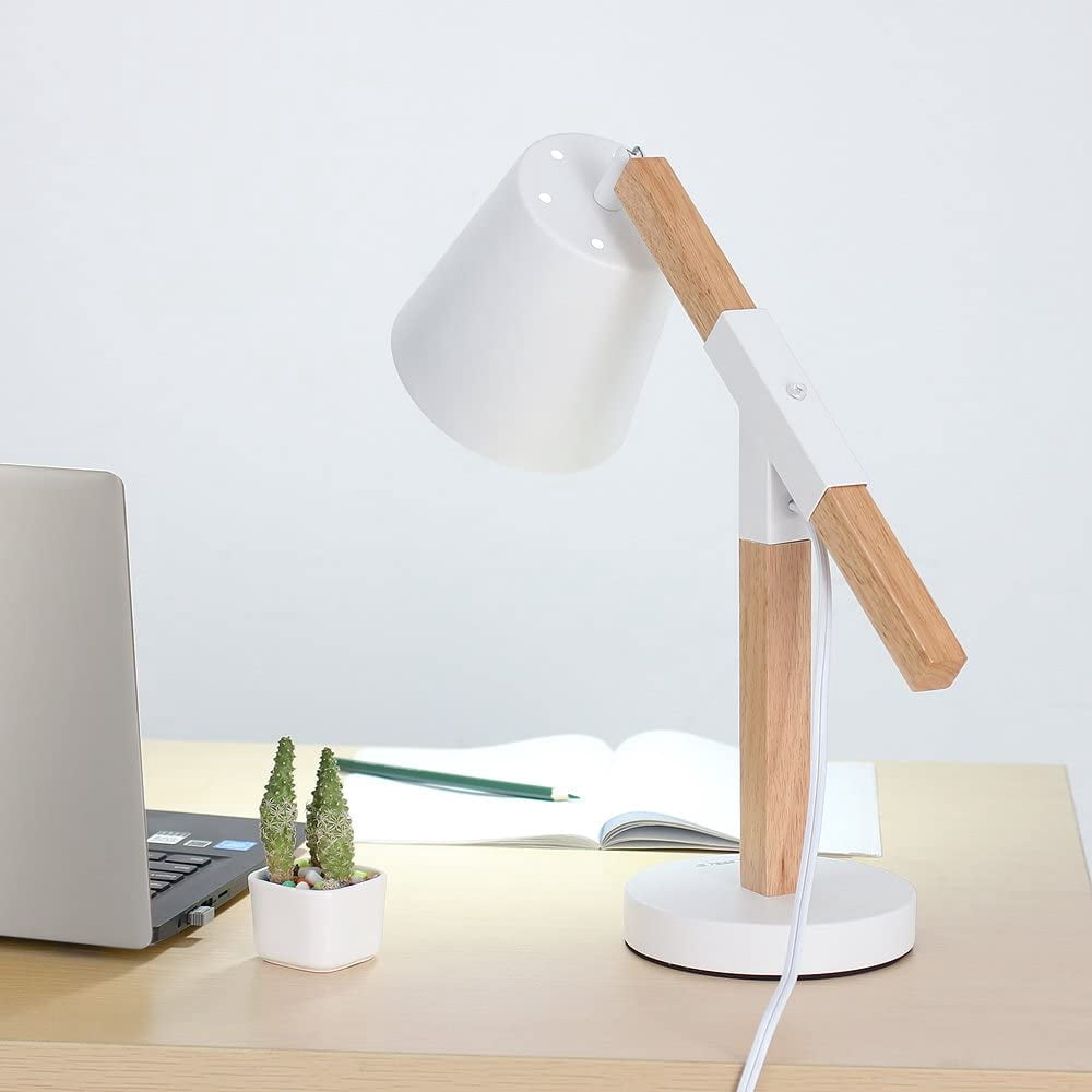 Oumilen Wood Swing Arm White Bedroom Desk Lamp with Adjustable Head