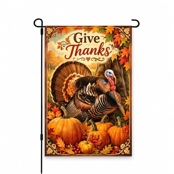 Give Thanks Turkey Garden Flag 12x18 Inch - Autumn Pumpkin and Fall Leaves Design for Yard, Lawn, Patio, Outdoor Seasonal Decor