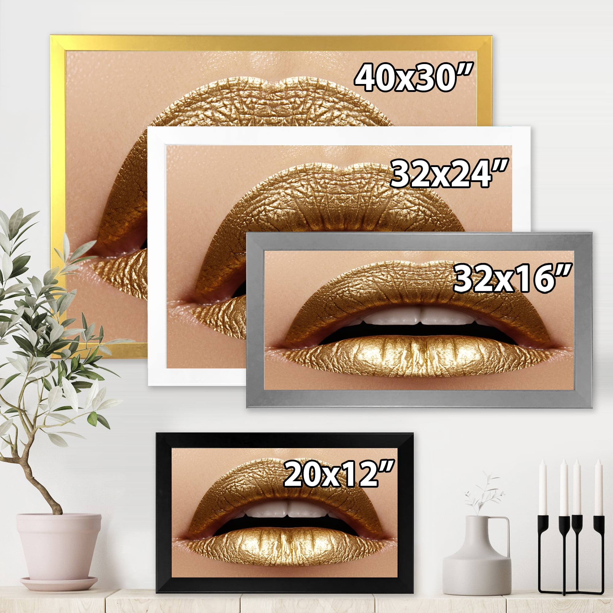 Designart 'Close Up of Woman Plump Lips With Golden Lipstick' Modern Framed Art Print
