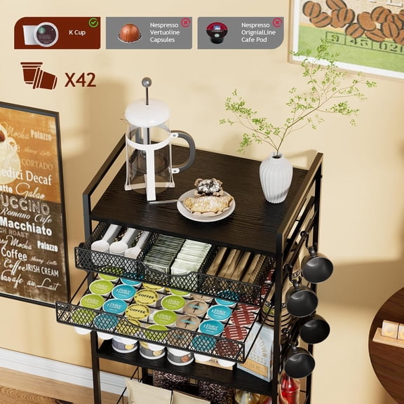 Coffee Bar Station with Storage Drawer - 5 Tier Coffee Table Countertop Organizer for K Cups, Tea Bags, Sugar Storage and Kitchen Cabinets (Black)