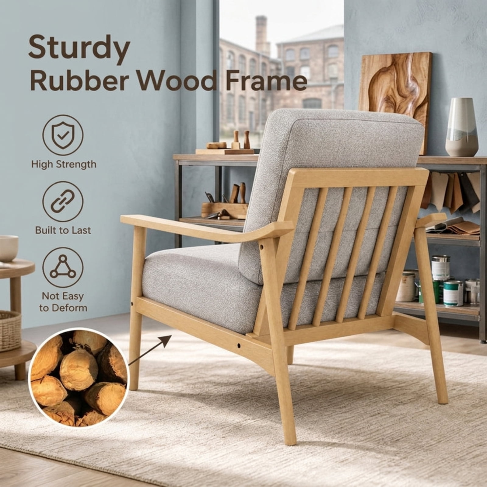 Furnibear Modern Accent Chair with Large Padded Seat Rubber Wood Armrests and Washable Back Cushion for Living Room and Reading Room, Natural