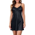 thumbnail image 2 of Women's Satin Mini Chemise Nightgown Spaghetti Strap Lace V Neck Soft Loose Fitting Summer Night Sleep Dress Black One Size, 2 of 7