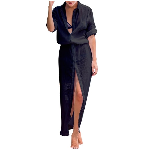 MSJUHEG Swim Cover Up for Women,Gauze Dress for Women,Sheer Button Up Blouse,Chiffon Cardigan for Women,Swimsuit with Coverup,Cotton Beachwear Bikini Swimwear Beach Club Cover Up Tops Black One Size