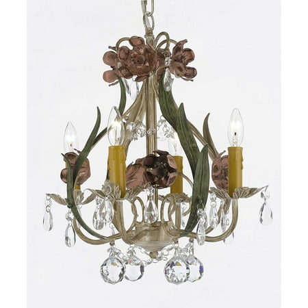 - Floral Wrought Iron and Crystal 4 Light Chandelier Pendant Lighting with Faceted Crystal Balls